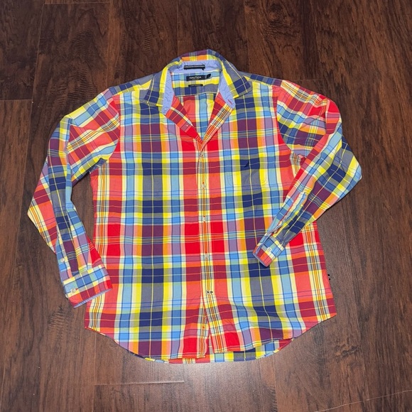 Nautica multi color Plaid Shirt long sleeves button down Vintage y2k Large Euc - Picture 4 of 10